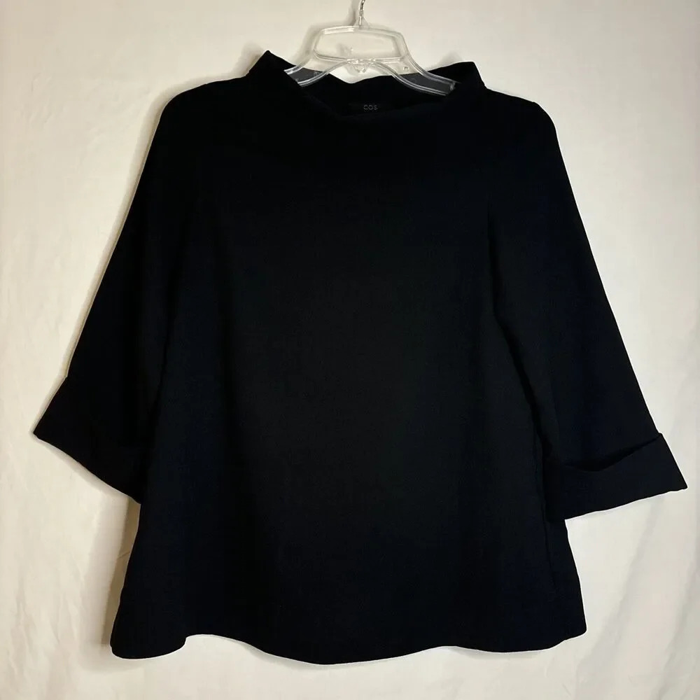 COS Women’s Mock Neck 3/4 Cuffed Sleeve Tunic Top Black Size 2 Minimalist